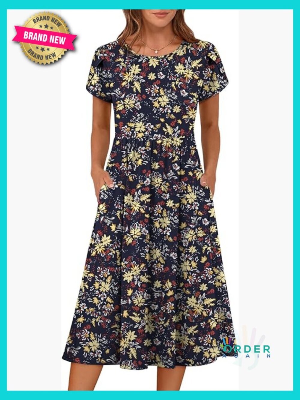 Floral Midi Dress Casual A-Line Summer Beach Sundress Flowy with Pockets